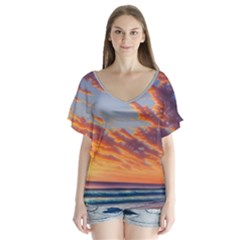Summer Sunset Over Beach V-neck Flutter Sleeve Top