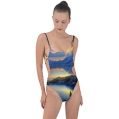 Crimson Sunset Tie Strap One Piece Swimsuit by GardenOfOphir