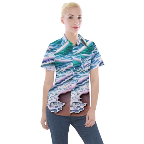 Shore Blue Ocean Waves Women s Short Sleeve Pocket Shirt by GardenOfOphir