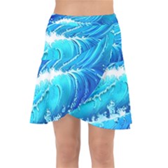 Simple Blue Ocean Wave Wrap Front Skirt by GardenOfOphir