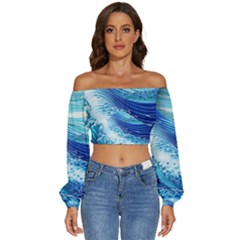 Water Waves Long Sleeve Crinkled Weave Crop Top by GardenOfOphir