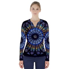 Mandala Floral Wallpaper Rose Window Strasbourg Cathedral France V-neck Long Sleeve Top by Jancukart