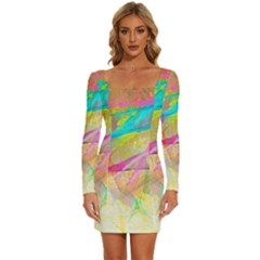 Abstract-14 Long Sleeve Square Neck Bodycon Velvet Dress
