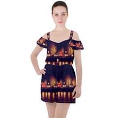 Night Houses River Bokeh Leaves Landscape Nature Ruffle Cut Out Chiffon Playsuit by Ravend
