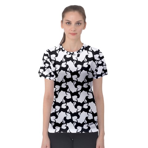 Playful Pups Black And White Pattern Women s Sport Mesh Tee by dflcprintsclothing