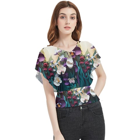 Ai Generated Flower Orchids Bloom Flora Nature Butterfly Chiffon Blouse by Ravend