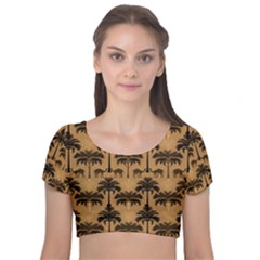 Ai Generated Camels Palm Trees Pattern Velvet Short Sleeve Crop Top  by Ravend
