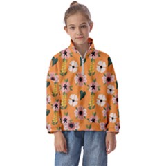 Flower Orange Pattern Floral Kids  Half Zip Hoodie by Dutashop