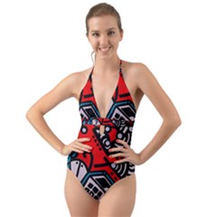 Multicolored Doodle Art Street Art Halter Cut-out One Piece Swimsuit by Jancukart