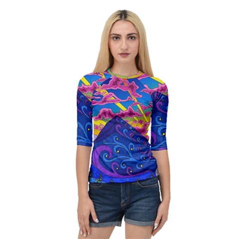 Psychedelic Colorful Lines Nature Mountain Trees Snowy Peak Moon Sun Rays Hill Road Artwork Stars Sk Quarter Sleeve Raglan Tee by Jancukart