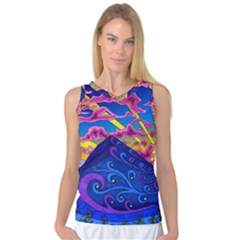 Psychedelic Colorful Lines Nature Mountain Trees Snowy Peak Moon Sun Rays Hill Road Artwork Stars Sk Women s Basketball Tank Top by Jancukart