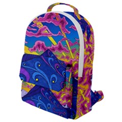 Psychedelic Colorful Lines Nature Mountain Trees Snowy Peak Moon Sun Rays Hill Road Artwork Stars Sk Flap Pocket Backpack (small) by Jancukart