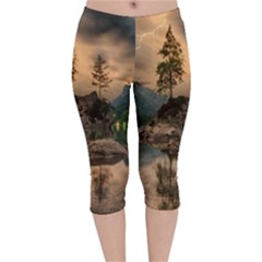 Nature Waters Lake Island Landscape Thunderstorm Velvet Capri Leggings  by Jancukart