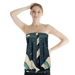 Lighthouse Abstract Ocean Sea Waves Water Blue Strapless Top by Pakemis