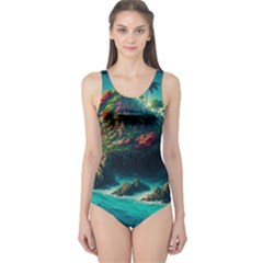 Tropical Island Paradise Ocean Sea Palm Trees One Piece Swimsuit