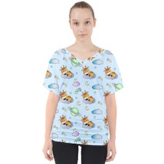 Pattern Giraffe Animal Seamless Scrapbooking Blue V-neck Dolman Drape Top