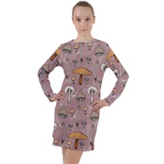 Mushrooms Autumn Fall Pattern Seamless Decorative Long Sleeve Hoodie Dress by Wegoenart