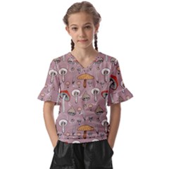 Mushrooms Autumn Fall Pattern Seamless Decorative Kids  V-neck Horn Sleeve Blouse by Wegoenart