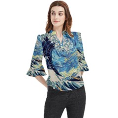 Starry Night Hokusai Vincent Van Gogh The Great Wave Off Kanagawa Loose Horn Sleeve Chiffon Blouse
