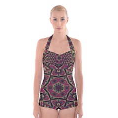 Mandala Rosette Pattern Kaleidoscope Abstract Boyleg Halter Swimsuit 