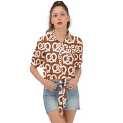 Brown Pretzel Illustrations Pattern Tie Front Shirt  by GardenOfOphir