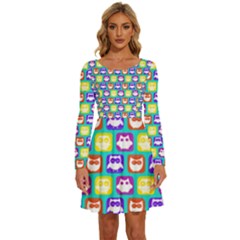 Colorful Whimsical Owl Pattern Long Sleeve Wide Neck Velvet Dress by GardenOfOphir