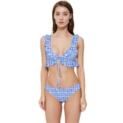Blue And White Owl Pattern Low Cut Ruffle Edge Bikini Set