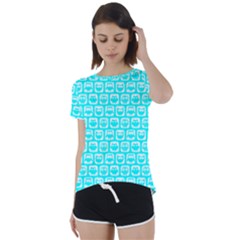 Aqua Turquoise And White Owl Pattern Short Sleeve Open Back Tee by GardenOfOphir