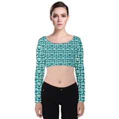Teal And White Owl Pattern Velvet Long Sleeve Crop Top by GardenOfOphir