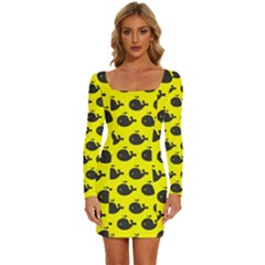 Cute Whale Illustration Pattern Long Sleeve Square Neck Bodycon Velvet Dress by GardenOfOphir
