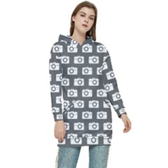 Modern Chic Vector Camera Illustration Pattern Women s Long Oversized Pullover Hoodie by GardenOfOphir