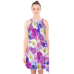 Blossoms-yellow Halter Collar Waist Tie Chiffon Dress