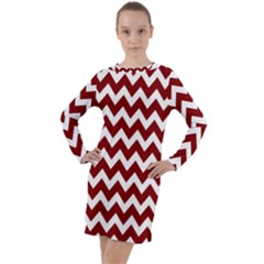 Red Chevron Pattern Gifts Long Sleeve Hoodie Dress by GardenOfOphir