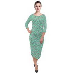 Leaves-015 Quarter Sleeve Midi Velour Bodycon Dress