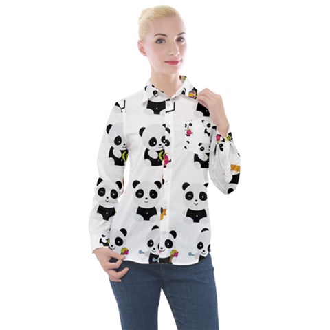 Playing Pandas Cartoons Women s Long Sleeve Pocket Shirt by Semog4
