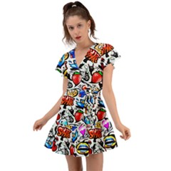 Graffiti Art Cartoon Comic Flutter Sleeve Wrap Dress by Salman4z