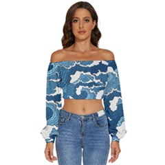 Waves Aesthetics Illustration Japanese Long Sleeve Crinkled Weave Crop Top by Salman4z