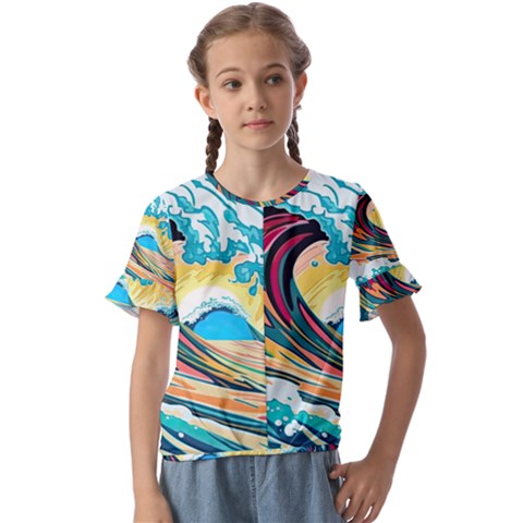 Waves Ocean Sea Tsunami Nautical 8 Kids  Cuff Sleeve Scrunch Bottom Tee by Jancukart