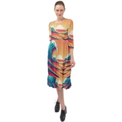Waves Ocean Sea Tsunami Nautical 6 Ruffle End Midi Chiffon Dress by Jancukart