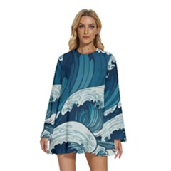 Waves Ocean Sea Pattern Water Tsunami Rough Seas Round Neck Long Sleeve Bohemian Style Chiffon Mini Dress by Wegoenart
