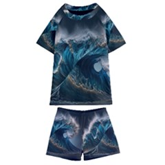 Tsunami Waves Ocean Sea Water Rough Seas Nature Kids  Swim Tee And Shorts Set