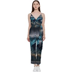 Tsunami Waves Ocean Sea Water Rough Seas Nature V-neck Spaghetti Strap Tie Front Jumpsuit by Wegoenart