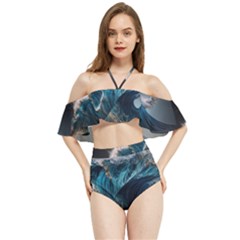 Tsunami Waves Ocean Sea Water Rough Seas Nature Halter Flowy Bikini Set  by Wegoenart
