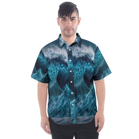 Tsunami Waves Ocean Sea Water Rough Seas Blue Men s Short Sleeve Shirt by Wegoenart