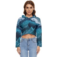 Tsunami Waves Ocean Sea Water Rough Seas Blue Women s Lightweight Cropped Hoodie by Wegoenart
