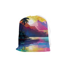 Ai Generated Tropical Island Sunset Landscape Drawstring Pouch (medium) by Wegoenart