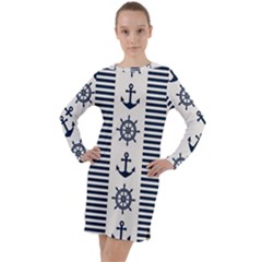 Nautical-seamless-pattern-vector-illustration Long Sleeve Hoodie Dress by Salman4z