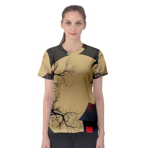 Halloween Moon Haunted House Full Moon Dead Tree Women s Sport Mesh Tee by Ravend