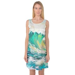 Waves Ocean Sea Tsunami Nautical Painting Sleeveless Satin Nightdress by Ravend