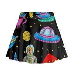 Seamless-pattern-with-space-objects-ufo-rockets-aliens-hand-drawn-elements-space Mini Flare Skirt